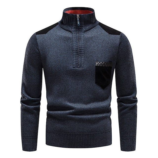 Men's Pullover Sweater Jumper Fleece Sweater Ribbed Knit Zipper Knitted Color Block Half Zip Basic Keep Warm Work Daily Wear Clothing Apparel Fall & Winter Blue Red & White M L XL