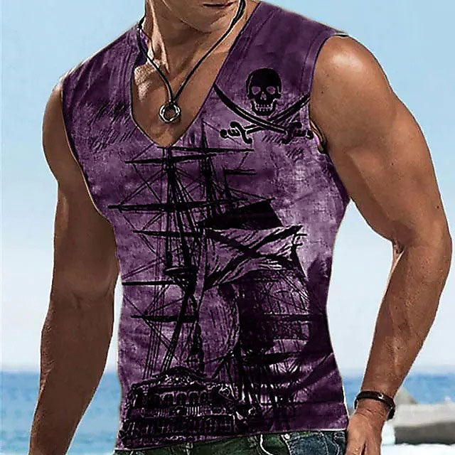 Men's Unisex Undershirt Graphic Prints Rudder Crew Neck Lake blue Navy Blue Purple Brown Green 3D Print Outdoor Street Sleeveless Print Clothing Apparel Sports Casual Big and Tall