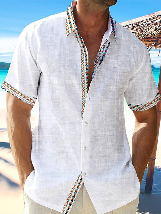 Men's Shirt Linen Shirt Casual Shirt Summer Shirt Beach Shirt White Pink Blue Short Sleeve Geometric Turndown Summer Casual Daily Clothing Apparel