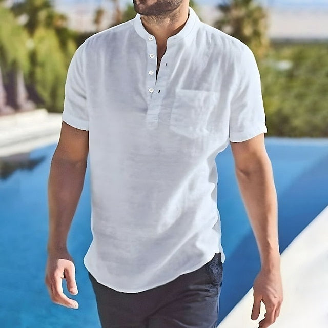 Men's Linen Shirt Summer Shirt Beach Shirt Black White Light Green Short Sleeve Solid Color Stand Collar Spring, Fall, Winter, Summer Outdoor Casual Clothing Apparel Button-Down
