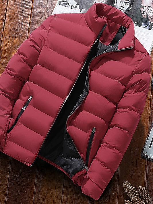 Men's Puffer Jacket Winter Jacket Winter Coat Padded Solid Colored Outerwear Clothing Apparel Green Black Wine