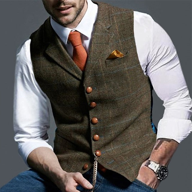 Foruwish - Men's Vest Waistcoat Daily Wear Vacation Fashion Vintage Spring &  Fall Button Polyester Comfortable Plain Single Breasted V Neck Regular Fit Deep Green Gray Green Navy Leaf Dark Gray Light Grey Vest