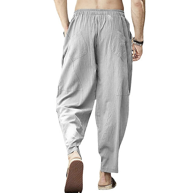 Men's Linen Pants Summer Pants Pocket Drawstring Plain Casual Daily Yoga Cotton Blend Basic Classic Black White