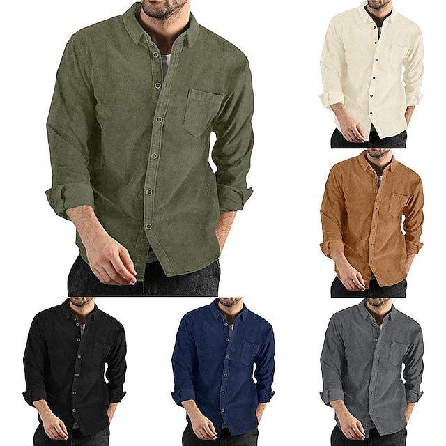 Men's Corduroy Shirt Overshirt Black Army Green Navy Blue Long Sleeve Solid Color Turndown Spring &  Fall Street Daily Clothing Apparel Button-Down