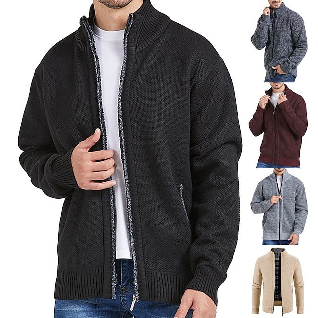 Men's Sweater Cardigan Sweater Zip Sweater Knit Pocket Knitted Solid Color Stand Collar Stylish Vintage Style Outdoor Clothing Apparel Fall Winter Black Wine S M L XL 2XL