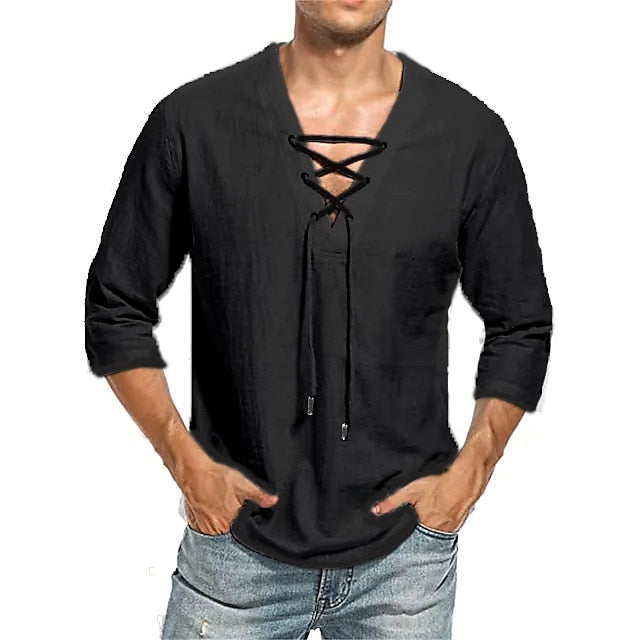 Men's Linen Shirt Shirt Summer Shirt Beach Shirt Black White Yellow 3/4 Length Sleeve Solid Color V Neck Summer Spring &  Fall Party Outdoor Clothing Apparel Button-Down