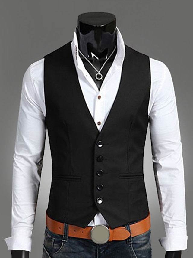 Men's Vest Waistcoat Wedding Work 1920s Smart Casual Polyester Solid Colored Slim Black Navy Blue Brown Vest