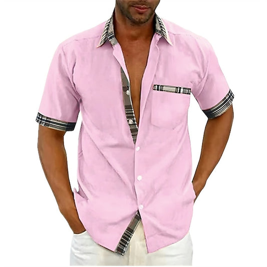 Men's Shirt Button Up Shirt Summer Shirt Black White Pink Red Blue Short Sleeve Color Block Plaid / Check Turndown Street Casual Button-Down Clothing Apparel Sports Fashion Classic Comfortable