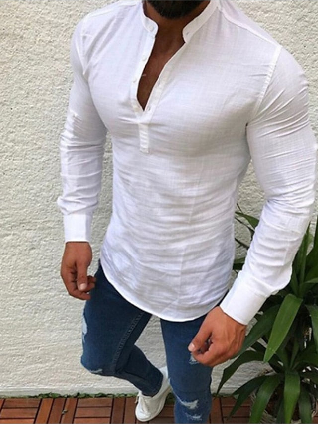 Men's Linen Shirt Summer Shirt Beach Shirt Black White Blue Long Sleeve Solid Color Collar Daily Hawaiian Clothing Apparel