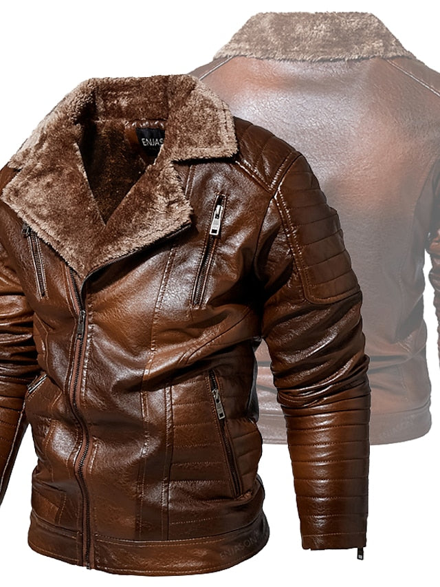 Men's Faux Leather Jacket Motorcycle Jacket Daily Wear Club Warm Faux Fur Trim Winter Plain Casual Lapel Thick Regular Faux Leather Loose Fit Black Brown Coffee Jacket