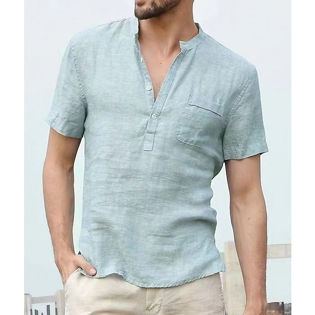 Men's Linen Shirt Shirt Summer Shirt Beach Shirt Light Blue Almond Black Short Sleeve Solid Color Collar Street Hawaiian Clothing Apparel