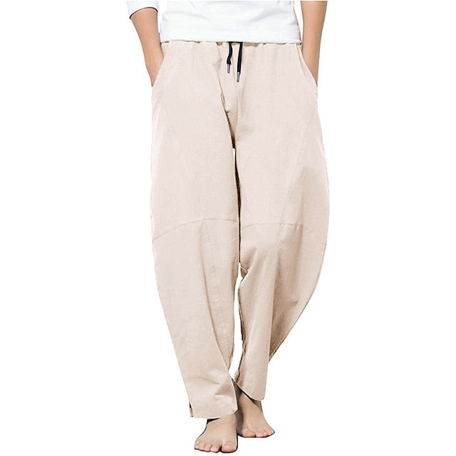 Men's Linen Pants Trousers Summer Pants Bloomers Beach Pants Pocket Drawstring Elastic Waist Plain Lightweight Ankle-Length Daily Yoga Fashion Casual Loose Fit Black White