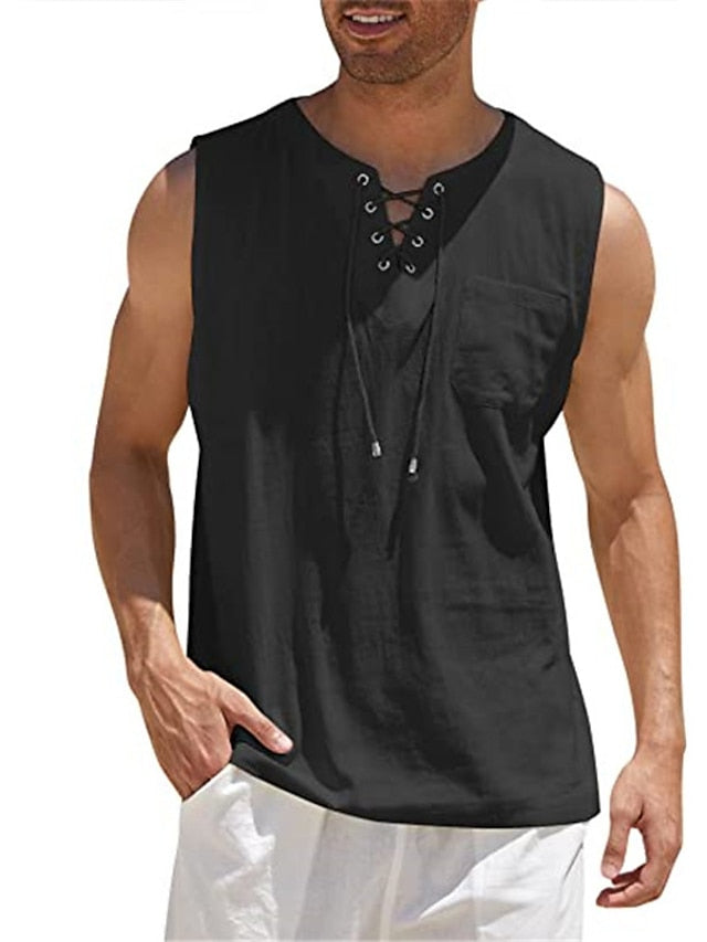 Men's Summer Shirt Beach Shirt Black White Gray Sleeveless Graphic Prints Turndown Summer Casual Daily Clothing Apparel Drawstring