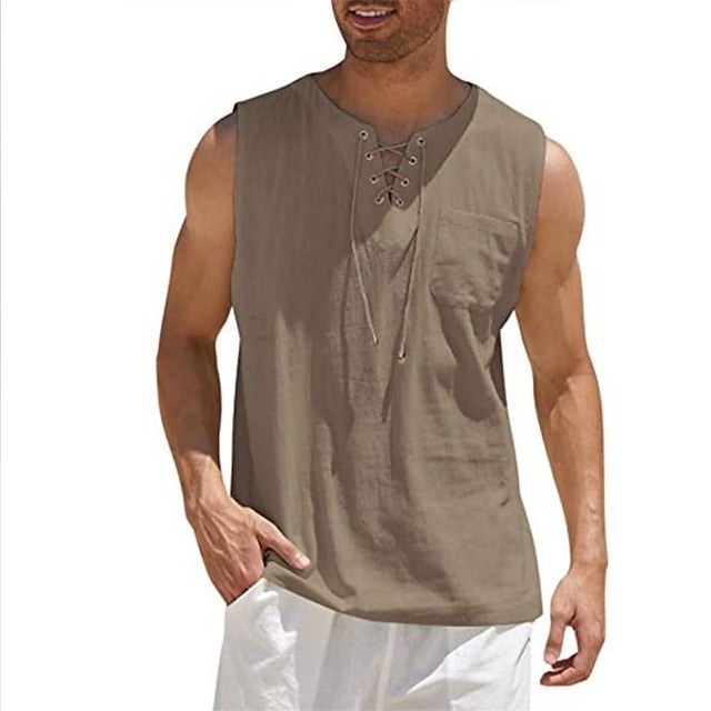 Men's Linen Shirt Summer Shirt Tank Top Beach Shirt White Dark Green Camel Solid Color Collarless Casual Daily Clothing Apparel