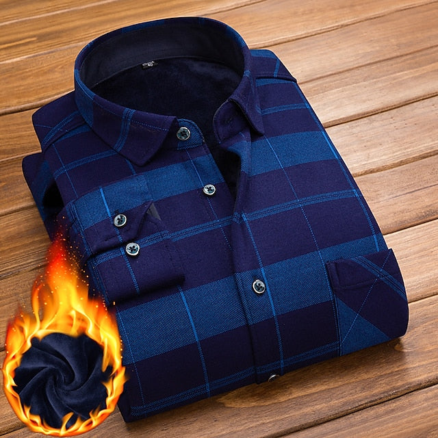 Men's Button Up Shirt Dress Shirt Flannel Shirt Collared Shirt Black-White Red Navy Blue Long Sleeve Tartan Turndown Winter Wedding Party Clothing Apparel Button-Down