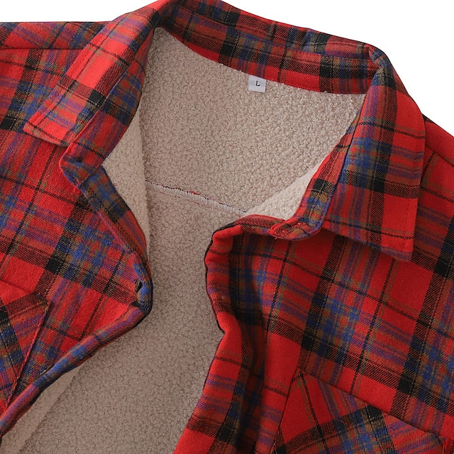 Men's Winter Jacket Shirt Jacket Winter Coat Sherpa jacket Casual Warm Winter Plaid / Check Red Jacket