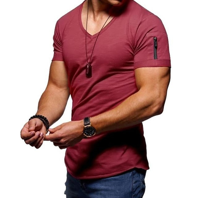 Men's T shirt Tee Tee Plain V Neck Normal Short Sleeve Zipper Clothing Apparel Muscle Esencial