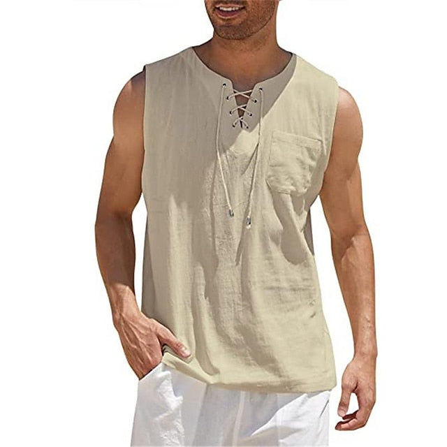 Men's Linen Shirt Summer Shirt Tank Top Beach Shirt White Dark Green Camel Solid Color Collarless Casual Daily Clothing Apparel