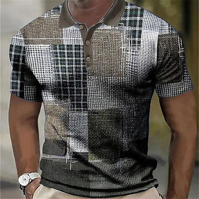 Men's Polo Shirt Golf Shirt Color Block Graphic Prints Geometry Turndown Blue Green Khaki Gray Outdoor Street Short Sleeves Button-Down Print Clothing Apparel Sports Fashion Streetwear Designer