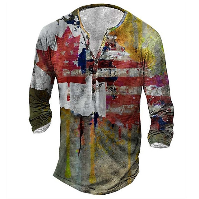 Men's T shirt Tee Henley Shirt Tee Graphic American Flag Spring &  Fall Street Casual Daily Vintage Retro Basic Henley Long Sleeve Clothing Apparel Black Yellow Red Plus Size S M L XL 2XL 3XL 4XL