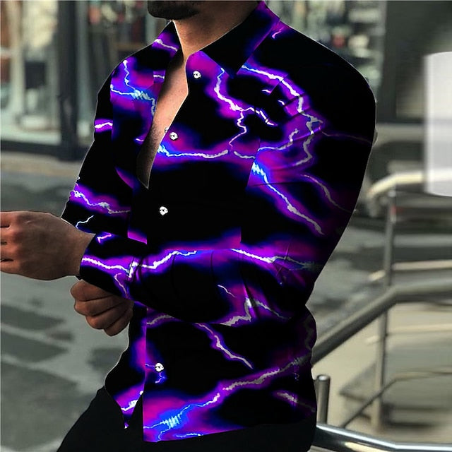 Men's Shirt Lighting Print Long Sleeve Turndown Black Purple Red Navy Blue Outdoor Street Button-Down Print Tops Fashion Designer Casual Breathable Summer / Spring