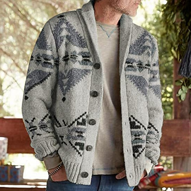 Men's Sweater Cardigan Knit Vintage Style Retro Geometric Shirt Collar Stylish Sweaters Daily Wear Clothing Apparel Fall Winter Khaki Gray M L XL