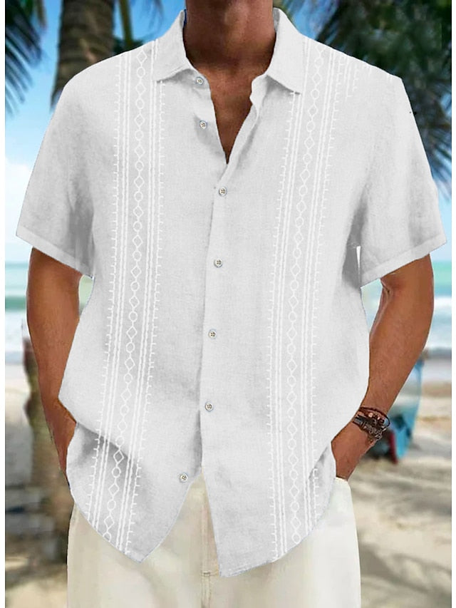 Men's Guayabera Shirt Casual Shirt Summer Shirt Beach Shirt White Blue Khaki Short Sleeve Striped Lapel Spring & Summer Hawaiian Holiday Clothing Apparel Print