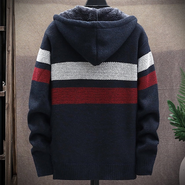 Men's Sweater Cardigan Sweater Hoodie Zip Sweater Sweater Jacket Knit Knitted Color Block Hooded Stylish Outdoor Home Clothing Apparel Winter Fall Blue Wine M L XL