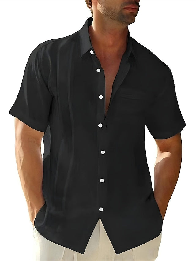 Men's Guayabera Shirt Linen Shirt Summer Shirt Beach Shirt Black White Light Blue Short Sleeve Plain Turndown Summer Outdoor Street Clothing Apparel Button-Down