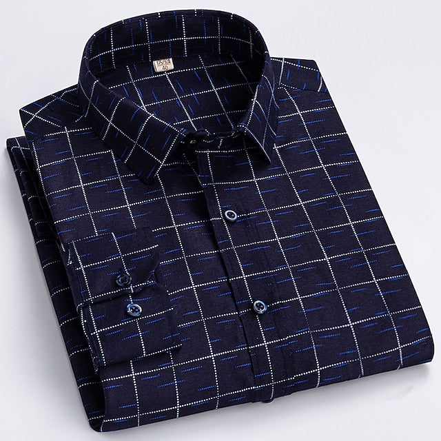 Men's Button Up Shirt Dress Shirt Plaid Shirt Collared Shirt White Navy Blue Blue Long Sleeve Plaid / Check Turndown Spring &  Fall Wedding Work Clothing Apparel