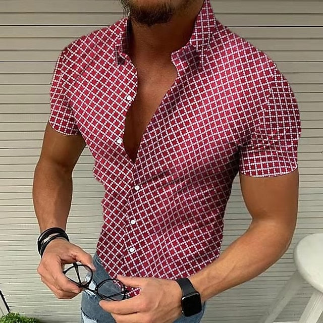 Men's Shirt Short Sleeve Print Design Casual Print White Black Red Lattice Turndown Tops Beach / Summer / Summer