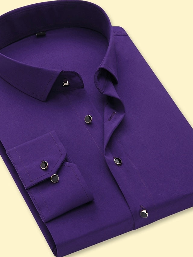 Men's Button Up Shirt Dress Shirt Collared Shirt Black Navy Blue Purple Long Sleeve Plain Collar Spring &  Fall Wedding Party Clothing Apparel