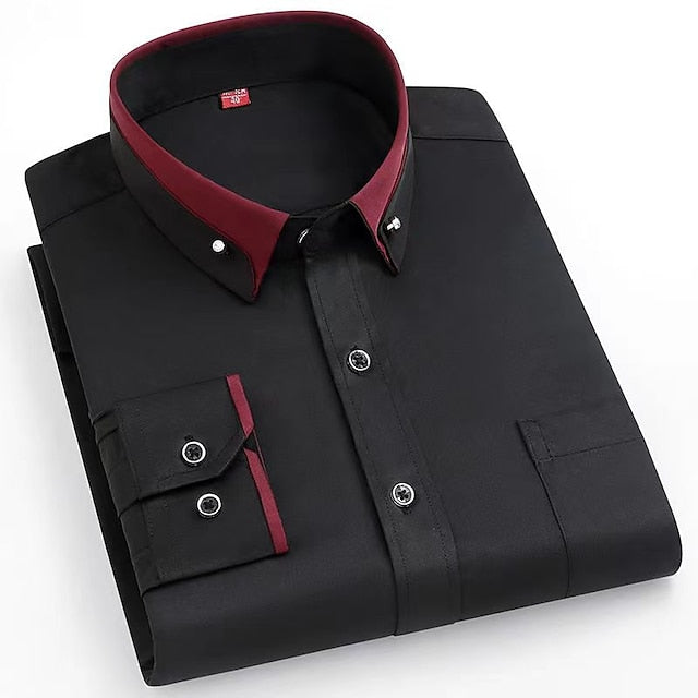 Men's Dress Shirt Wine Black White Long Sleeve Solid / Plain Color Turndown All Seasons Wedding Clothing Apparel