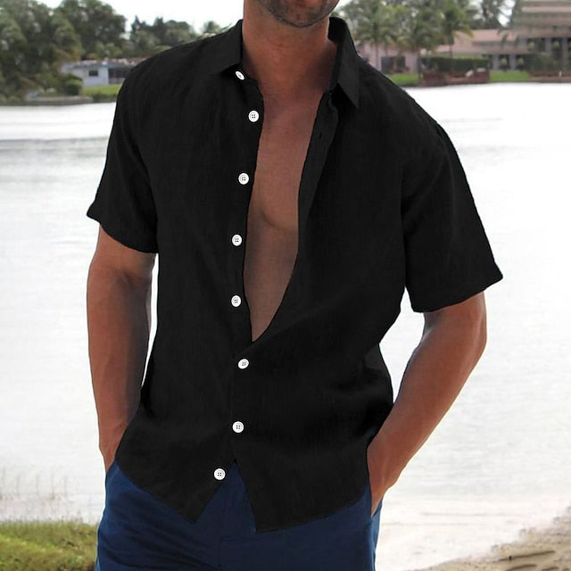 Men's Linen Shirt Summer Shirt Beach Shirt Black White Pink Short Sleeve Solid Color Turndown Summer Hawaiian Holiday Clothing Apparel Button-Down