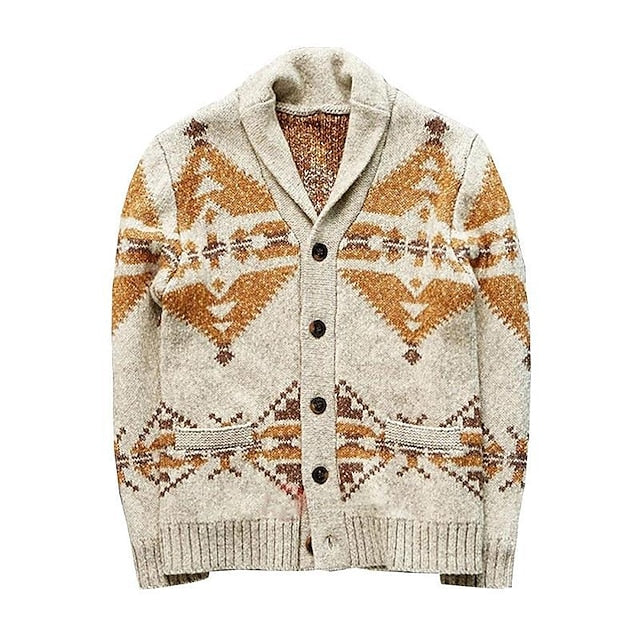 Men's Sweater Cardigan Knit Vintage Style Retro Geometric Shirt Collar Stylish Sweaters Daily Wear Clothing Apparel Fall Winter Khaki Gray M L XL