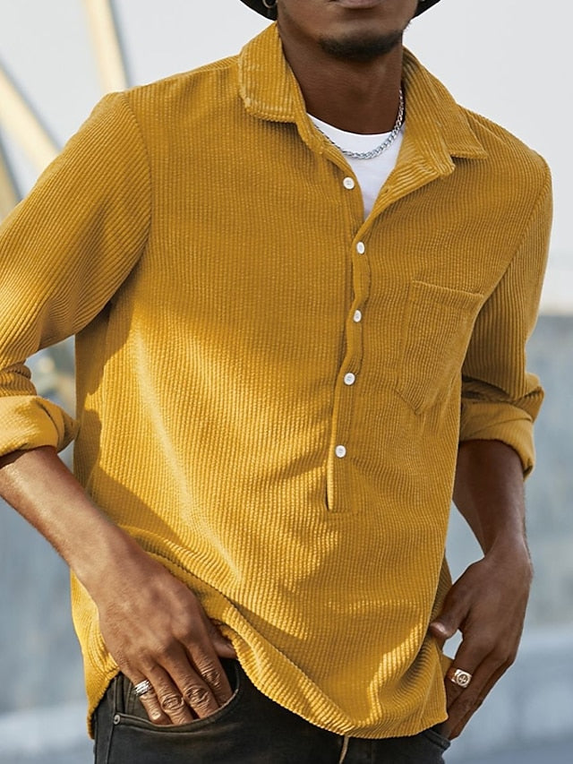 Men's Popover Shirt Casual Shirt Corduroy Shirt Overshirt Yellow Red Blue Long Sleeve Plain Collar Daily Clothing Apparel
