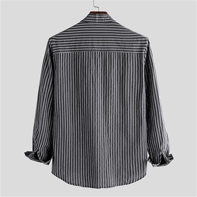 Men's Summer Shirt Beach Shirt Black White Gray Long Sleeve Striped Stand Collar Spring &  Fall Street Daily Clothing Apparel Button-Down