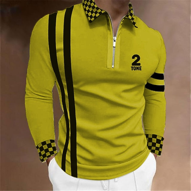 Men's Polo Shirt Golf Shirt Plaid Letter Graphic Prints Turndown Black White Yellow Light Green Red 3D Print Outdoor Street Long Sleeve Zipper Print Clothing Apparel Sports Fashion Streetwear Designer