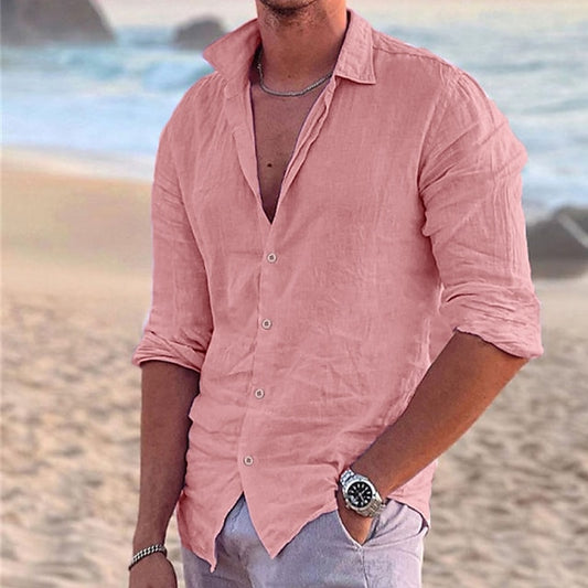 Men's Linen Shirt Shirt Summer Shirt Beach Shirt Black White Pink Long Sleeve Solid Color Turndown Spring & Summer Outdoor Street Clothing Apparel Button-Down