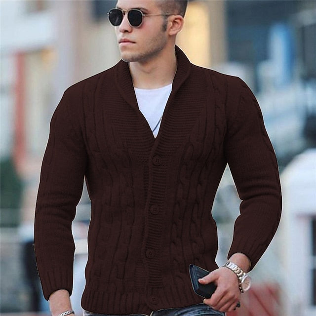 Foruwish - Men's Sweater Cardigan Sweater Cable Knit Cropped Knitted Stand Collar Clothing Apparel Winter Fall Red Brown Black S M L