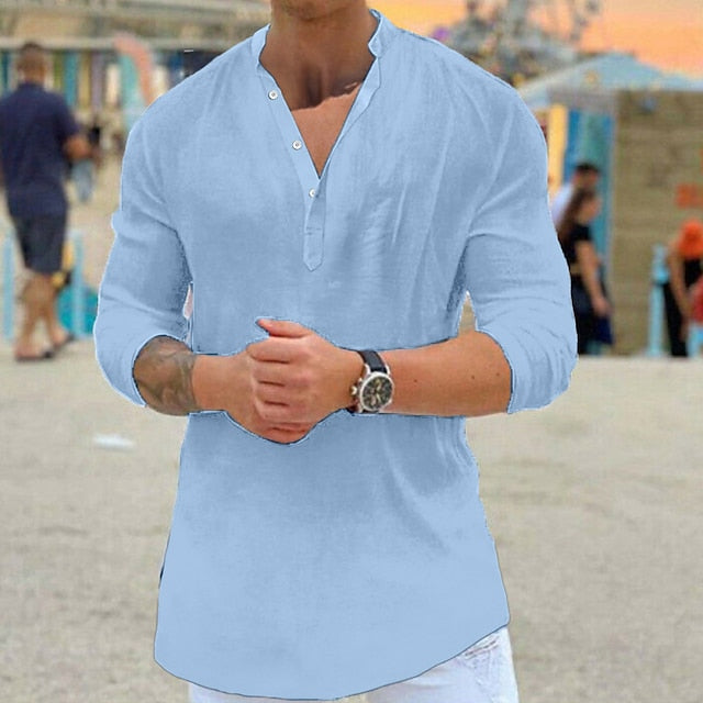 Men's Linen Shirt Shirt Summer Shirt Beach Shirt Black White Blue Long Sleeve Solid Color Collar Summer Spring Outdoor Street Clothing Apparel Button-Down