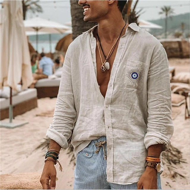 Men's Linen Shirt Summer Shirt Designer Shirt Beach Shirt White Blue Green Long Sleeve Graphic Turndown Summer Spring Outdoor Street Clothing Apparel Button-Down