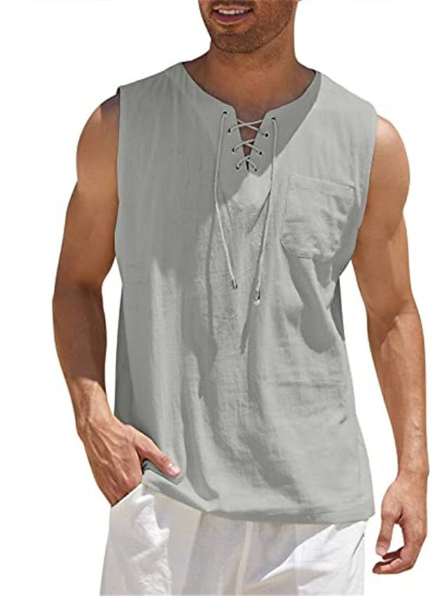 Men's Summer Shirt Beach Shirt Black White Gray Sleeveless Graphic Prints Turndown Summer Casual Daily Clothing Apparel Drawstring