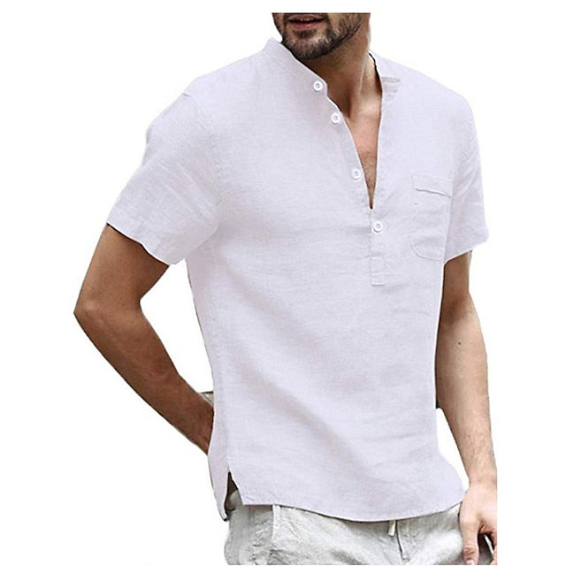 Men's Linen Shirt Shirt Summer Shirt Beach Shirt Light Blue Almond Black Short Sleeve Solid Color Collar Street Hawaiian Clothing Apparel