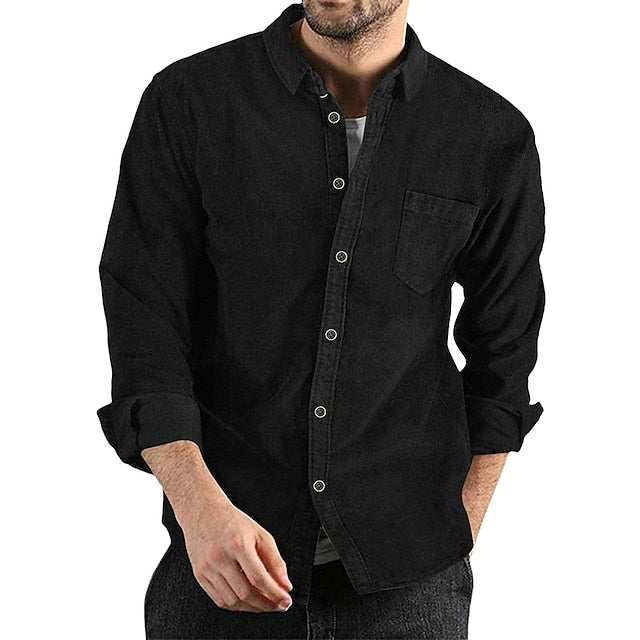 Men's Corduroy Shirt Overshirt Black Army Green Navy Blue Long Sleeve Solid Color Turndown Spring &  Fall Street Daily Clothing Apparel Button-Down