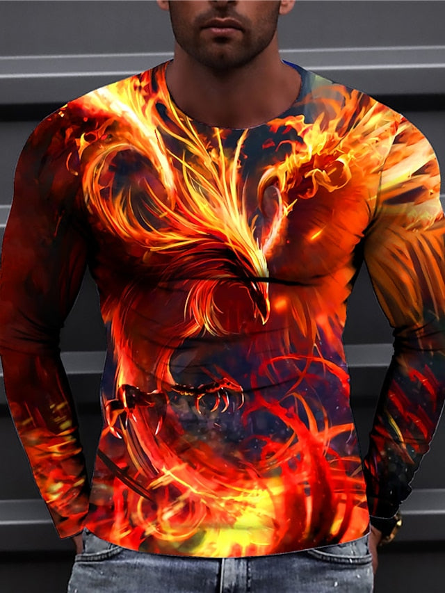 Men's T Shirt Prints Phoenix Crew Neck Long Sleeve Designer Orange Daily Holiday Tops Casual Big and Tall