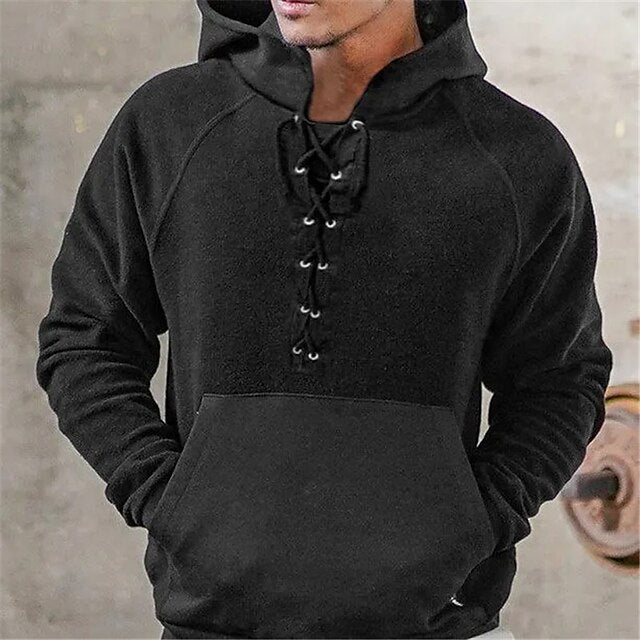 Men's Hoodie Black Navy Blue Green Coffee Hooded Plain Lace up Patchwork Sports & Outdoor Daily Holiday Streetwear Cool Casual Spring &  Fall Clothing Apparel Hoodies Sweatshirts