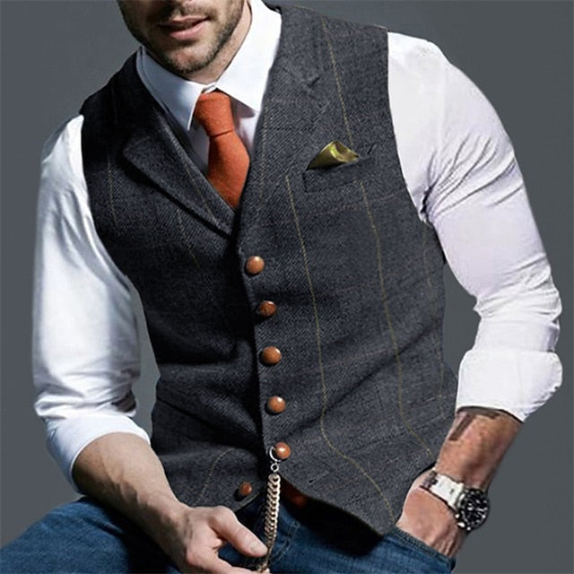 Foruwish - Men's Vest Waistcoat Daily Wear Vacation Fashion Vintage Spring &  Fall Button Polyester Comfortable Plain Single Breasted V Neck Regular Fit Deep Green Gray Green Navy Leaf Dark Gray Light Grey Vest