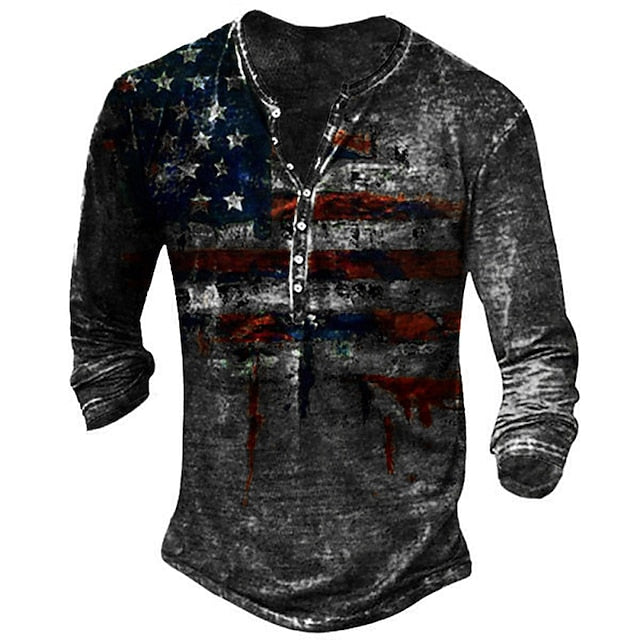 Men's T shirt Tee Henley Shirt Tee Graphic American Flag Spring &  Fall Street Casual Daily Vintage Retro Basic Henley Long Sleeve Clothing Apparel Black Yellow Red Plus Size S M L XL 2XL 3XL 4XL