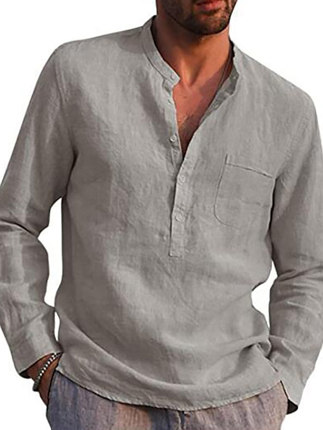 Men's Linen Shirt Summer Shirt Beach Shirt Black White Wine Long Sleeve Solid Color Henley Spring &  Fall Daily Hawaiian Clothing Apparel collared shirts